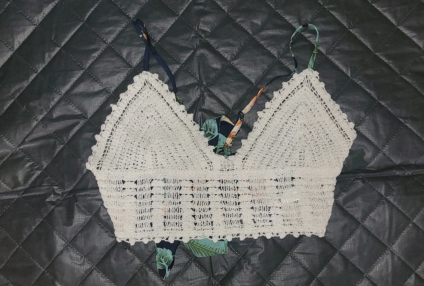 White Crochet Bralette with Tropical Print Straps