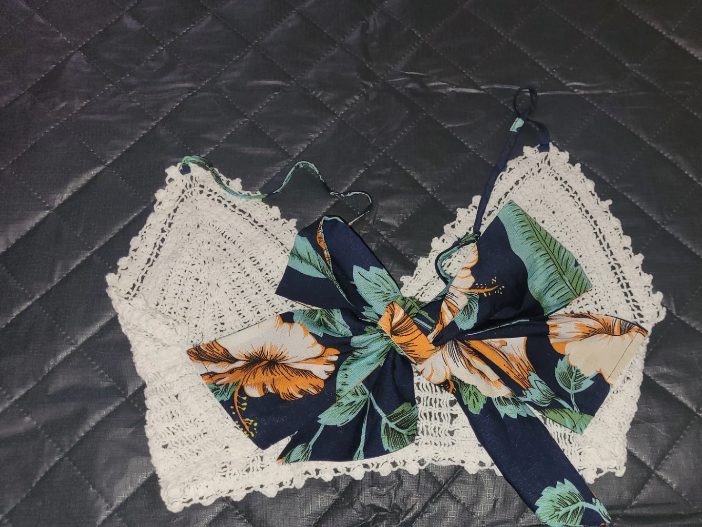 White Crochet Bralette with Tropical Print Straps - photo 2