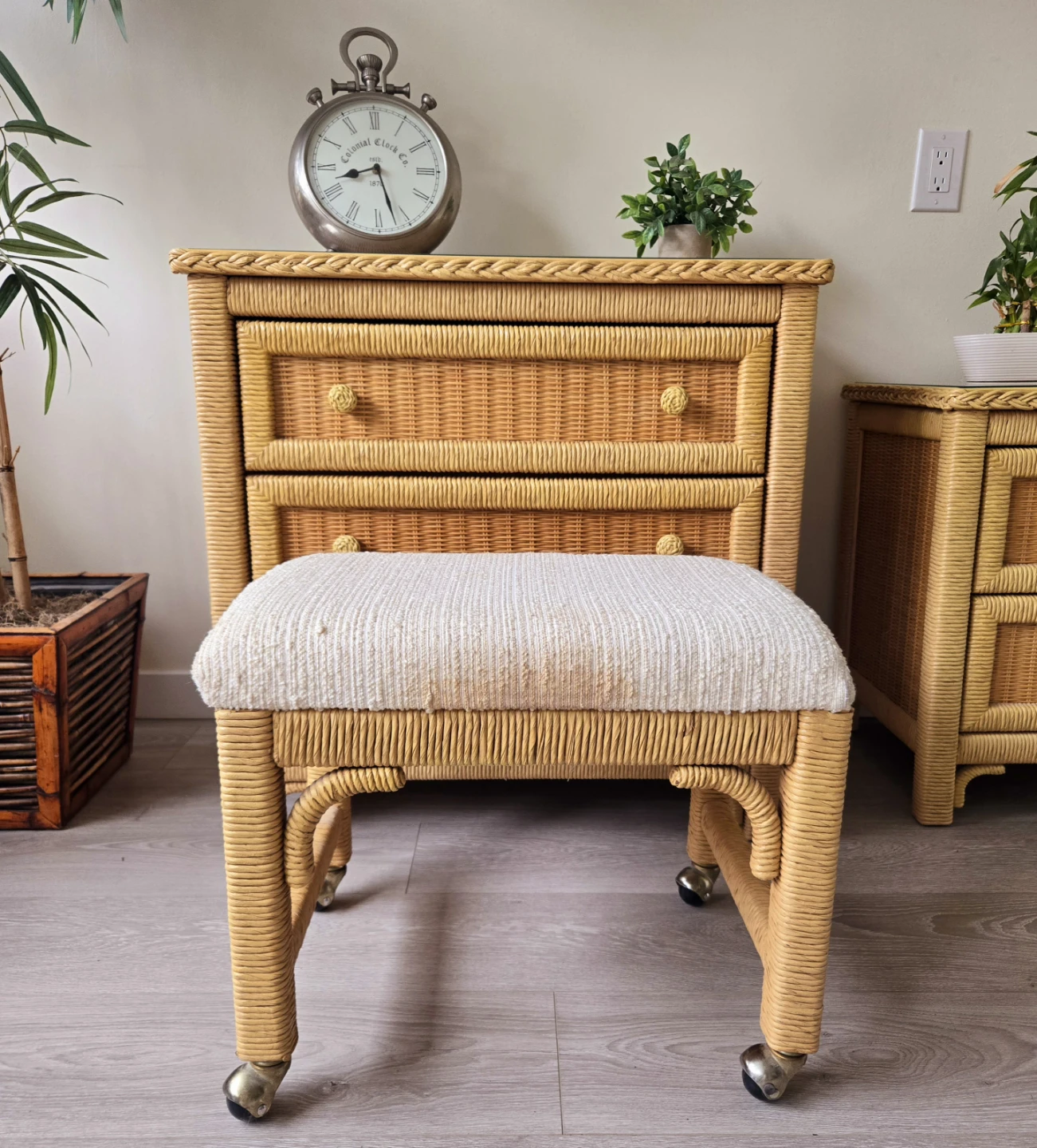 Rattan Wicker Rolling Ottoman With Beige Fabric