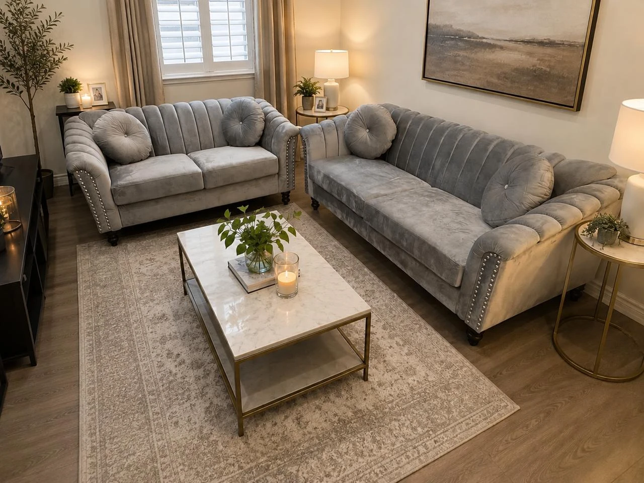 Tufted Sofa Set with Round Accent Pillows
