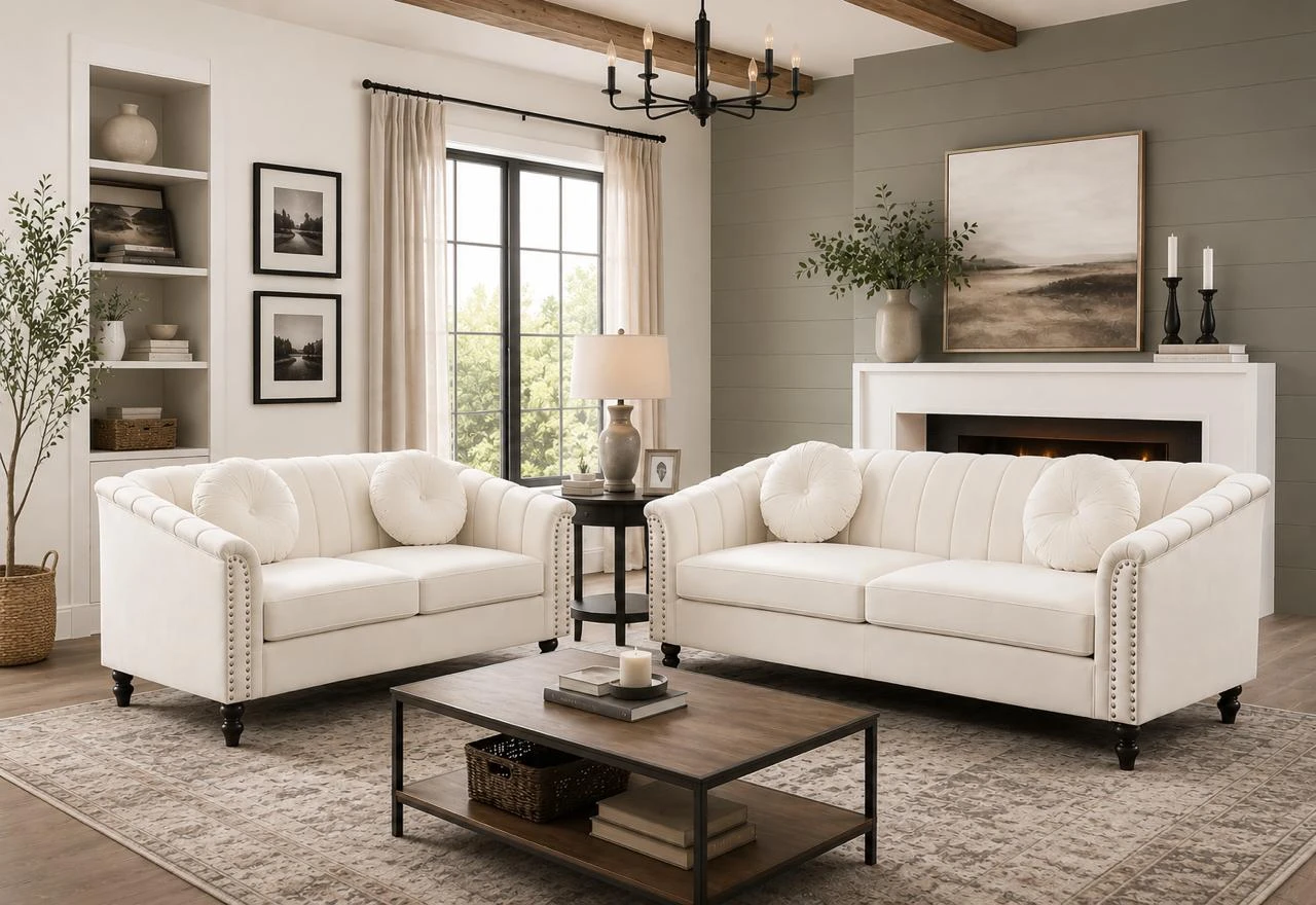 Tufted Sofa Set with Round Accent Pillows - photo 2