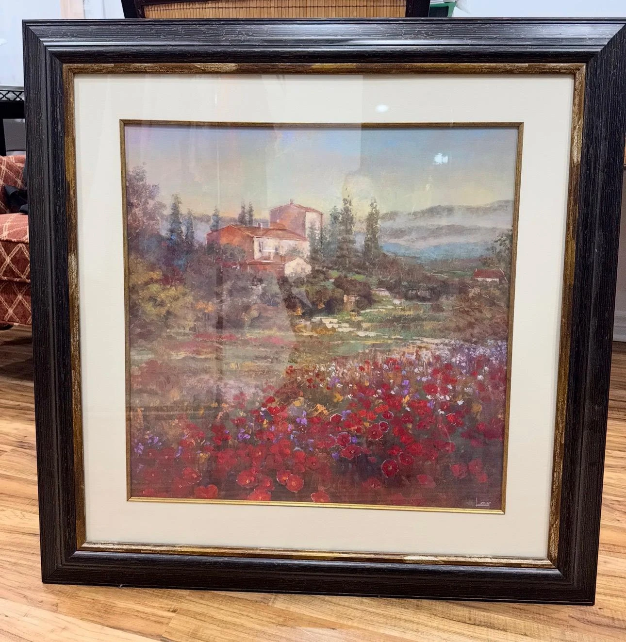 Framed Landscape Painting of Tuscan Villa and Poppies