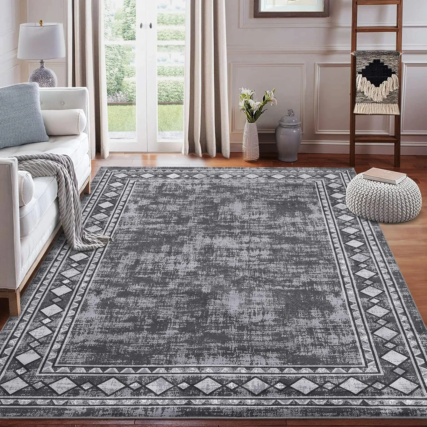 9x12 Area Rug Modern Bordered Large Machine Washable Living Room