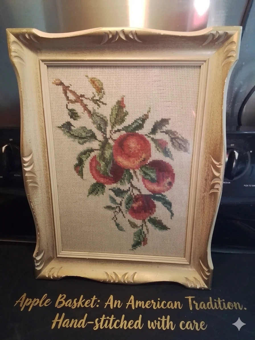 Vintage 1960s Framed Apple Cross-Stitch Wall Art