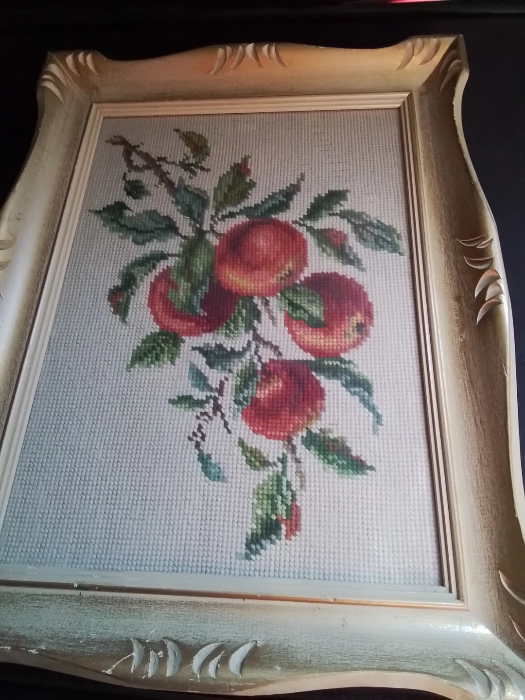 Vintage 1960s Framed Apple Cross-Stitch Wall Art - photo 4