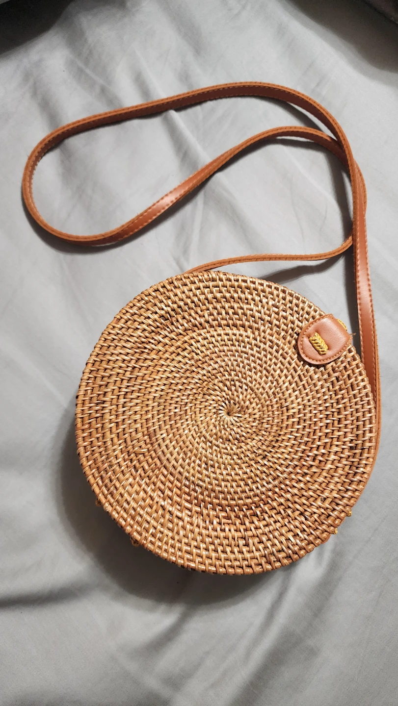 Round Woven Straw Bag with Leather Strap