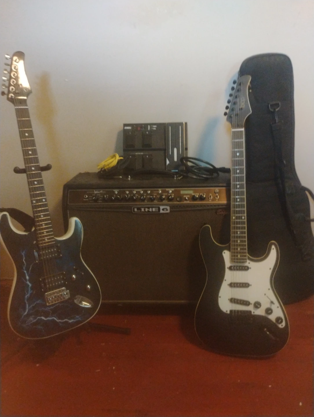 Line 6 Amp and Bogner Tube Amp with pedal,2 electric guitars,