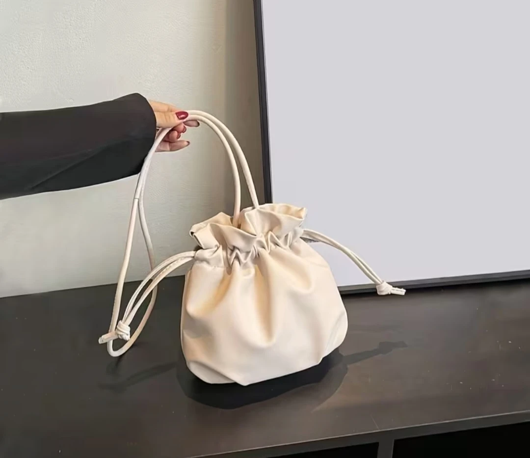 Small Cream Drawstring Bucket Bag