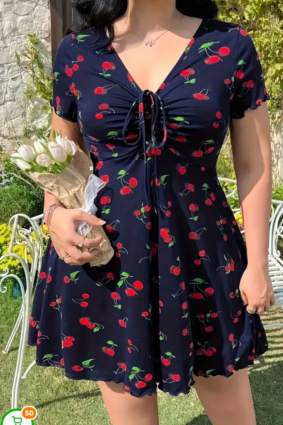 Navy Cherry Print Mini Dress