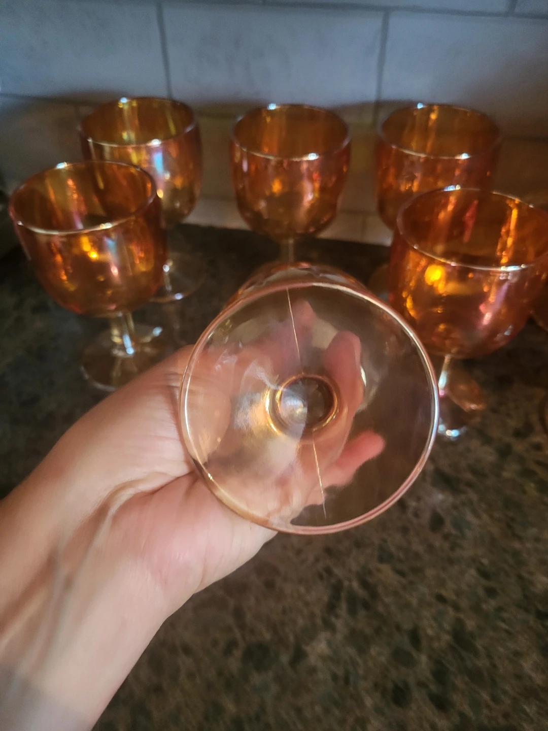 Set of 9 Orange Marigold Carnival Glass Goblets - photo 4