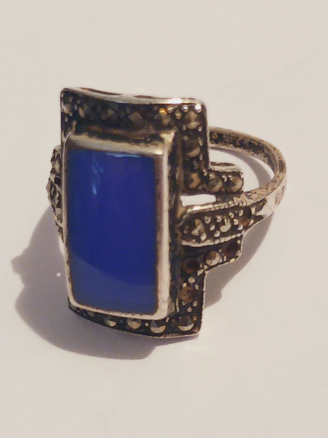 Art Deco Sterling Silver 925 Marcasites Lapis Lazuli Ring.7 - photo 3