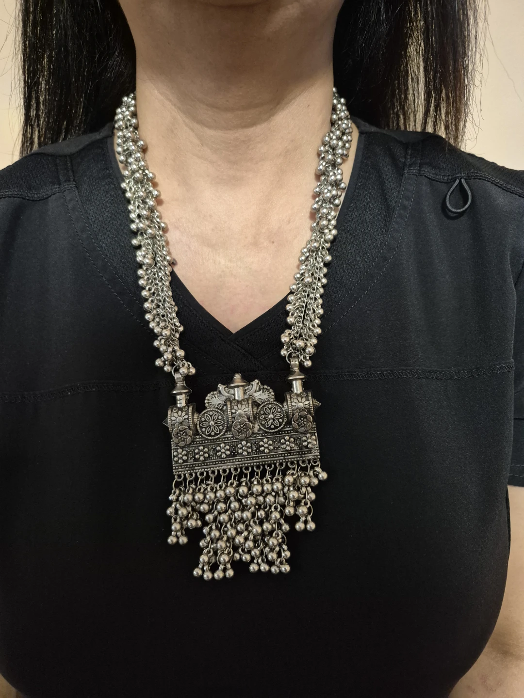 Indian Silver Statement Necklace with Dangling Bells - photo 3