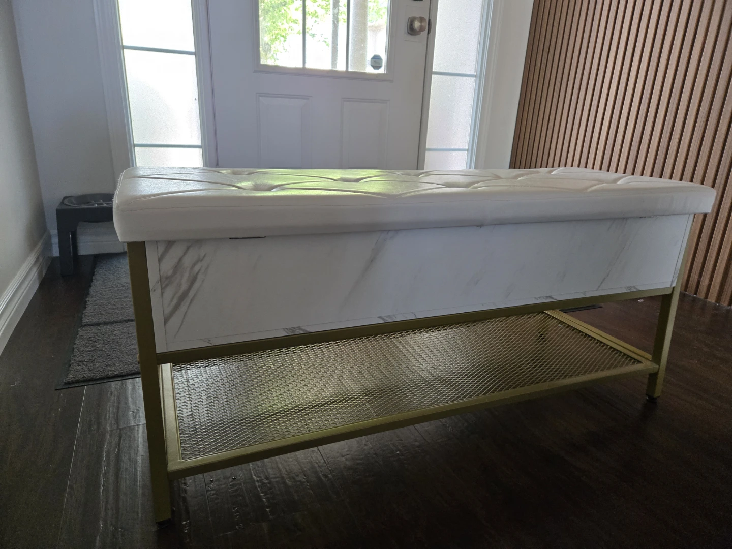 White Tufted Storage Bench with Gold Frame