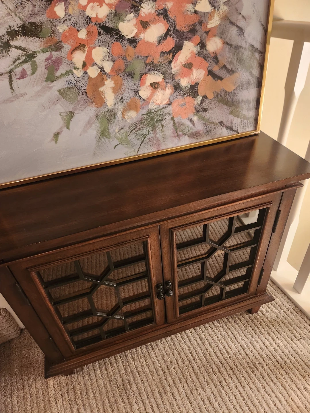 Dark Wood Cabinet with Decorative Glass Doors