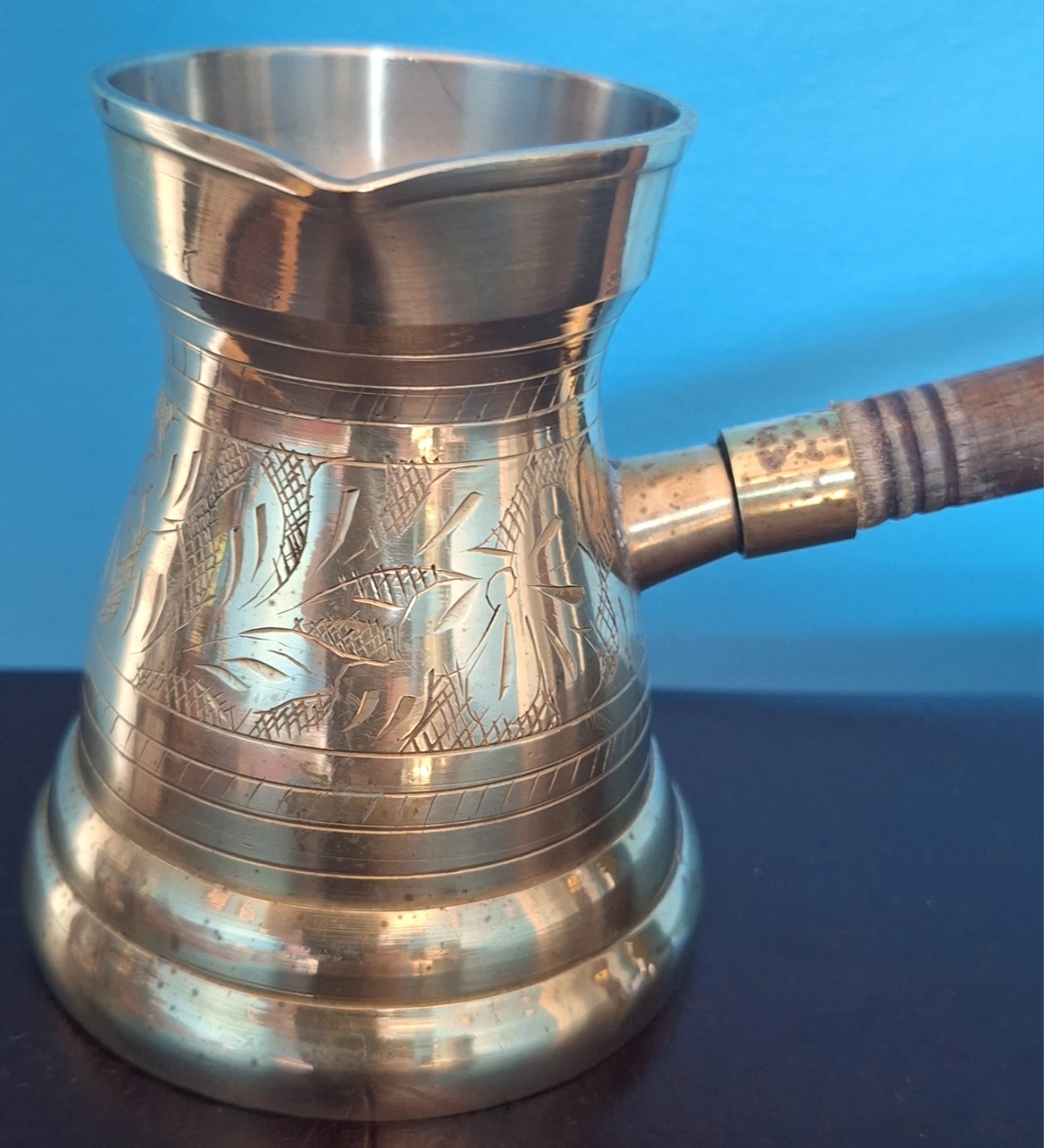 Vintage Brass Turkish Coffee Pot with Wooden Handle