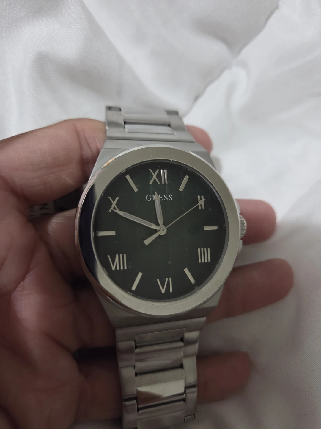 Guess Men's Silver Watch with Olive Dial