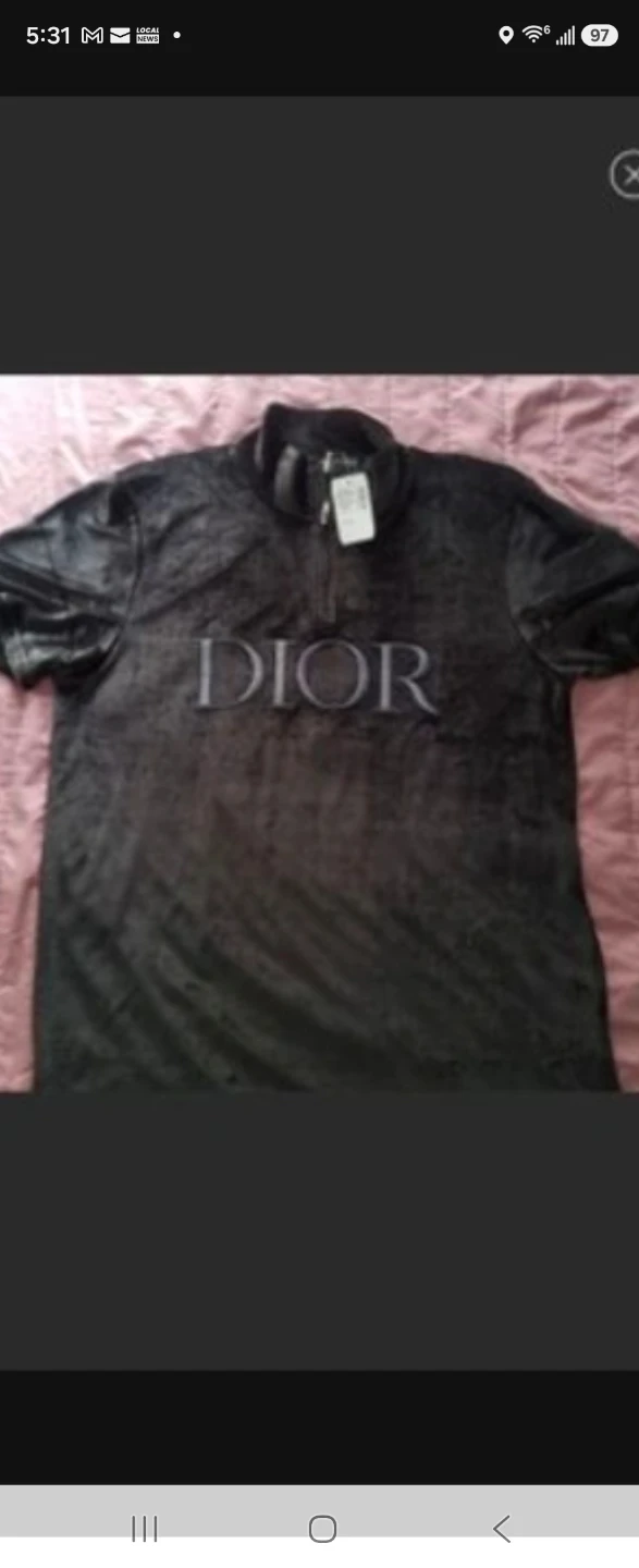 Dior Velvet Black Short Sleeve Zip Mock Neck T-Shirt XL Black