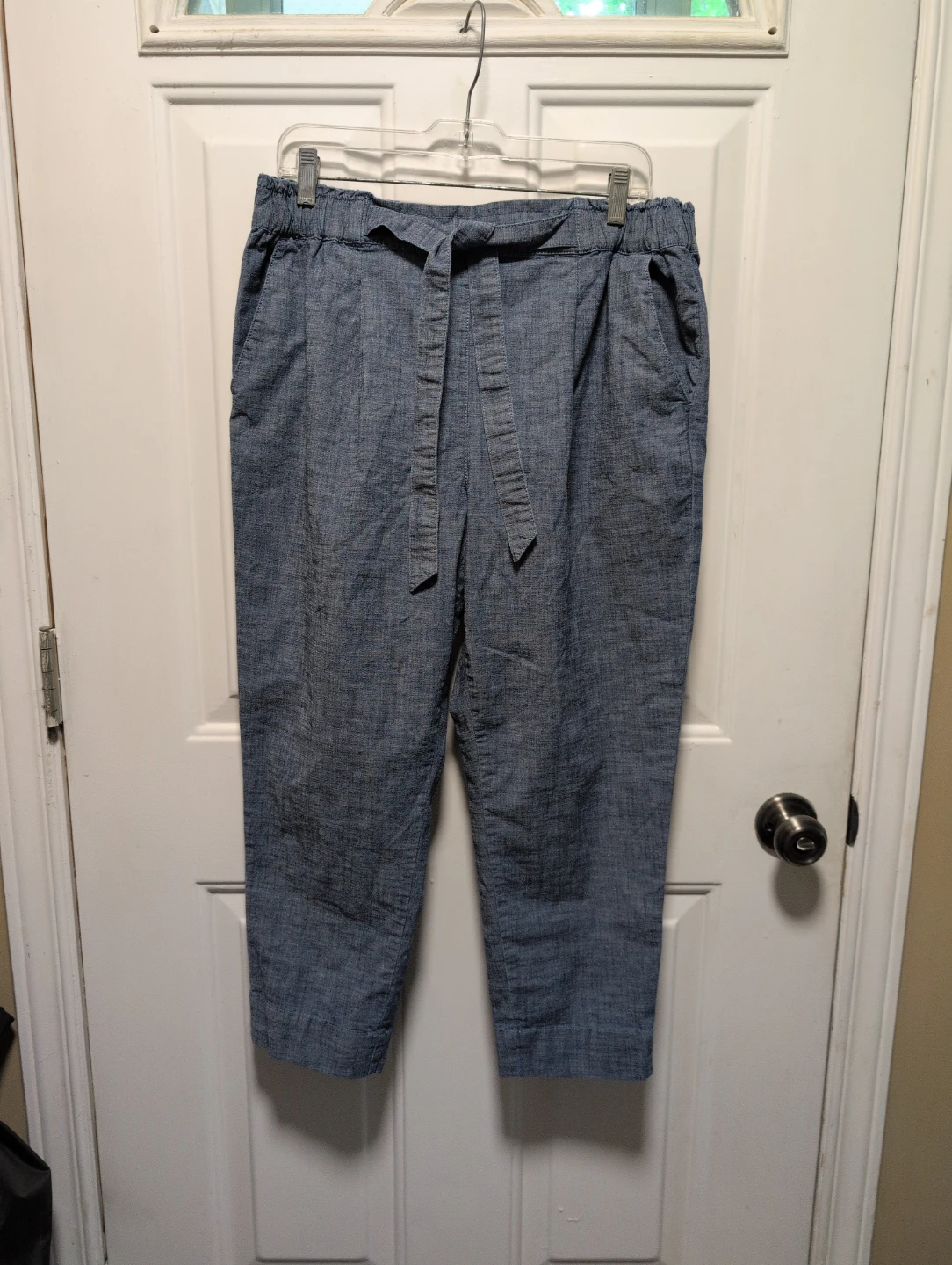 Blue Linen Blend Pants with Tie Waist