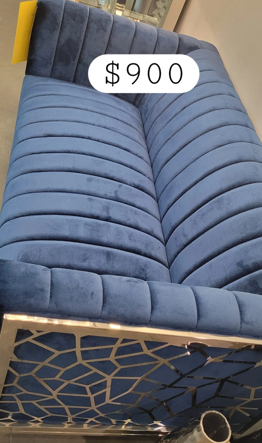Blue Velvet Sofa with Modern Metal Base