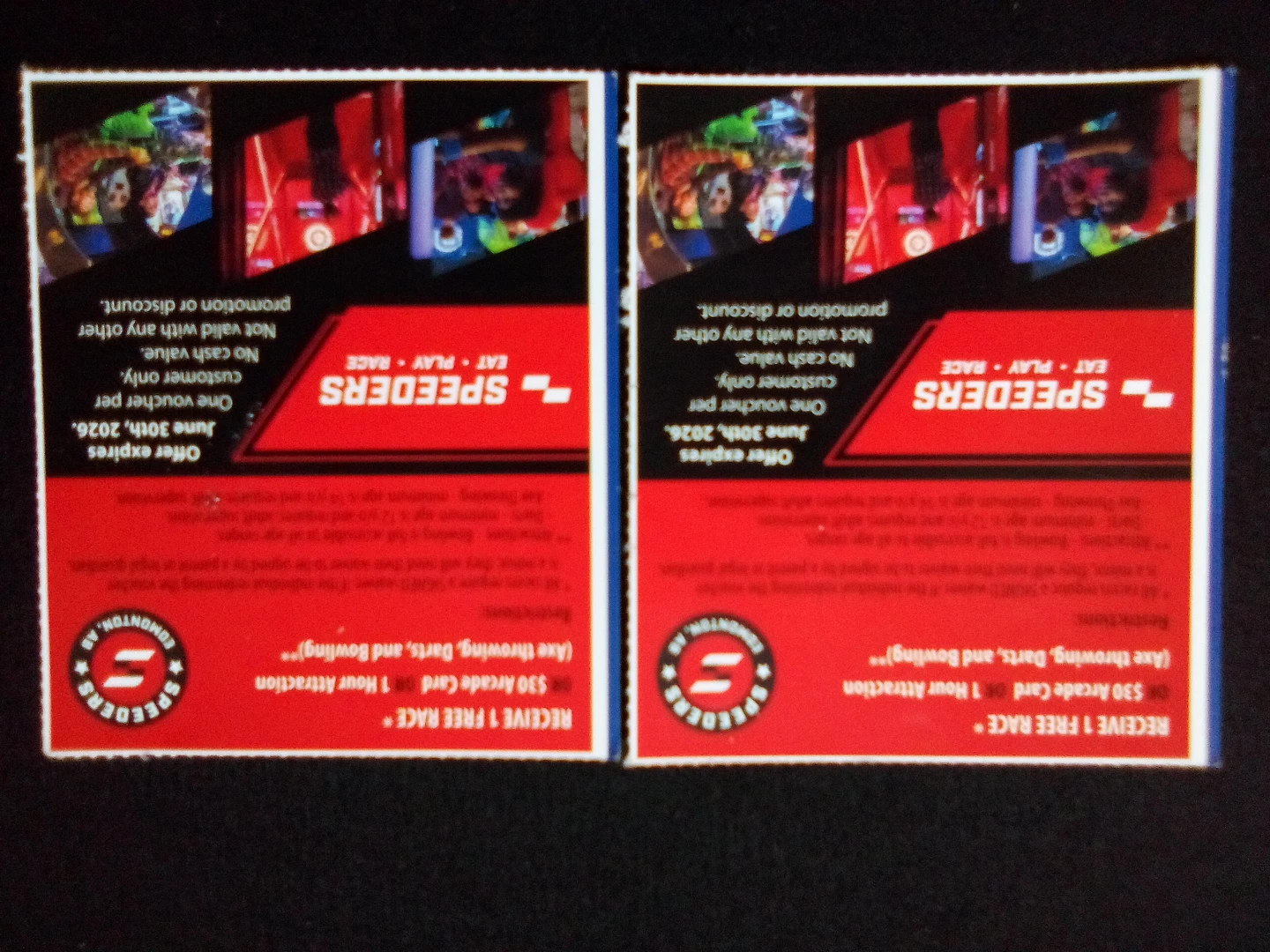 Speeders Edmonton 2 x $30 Arcade Cards - photo 2