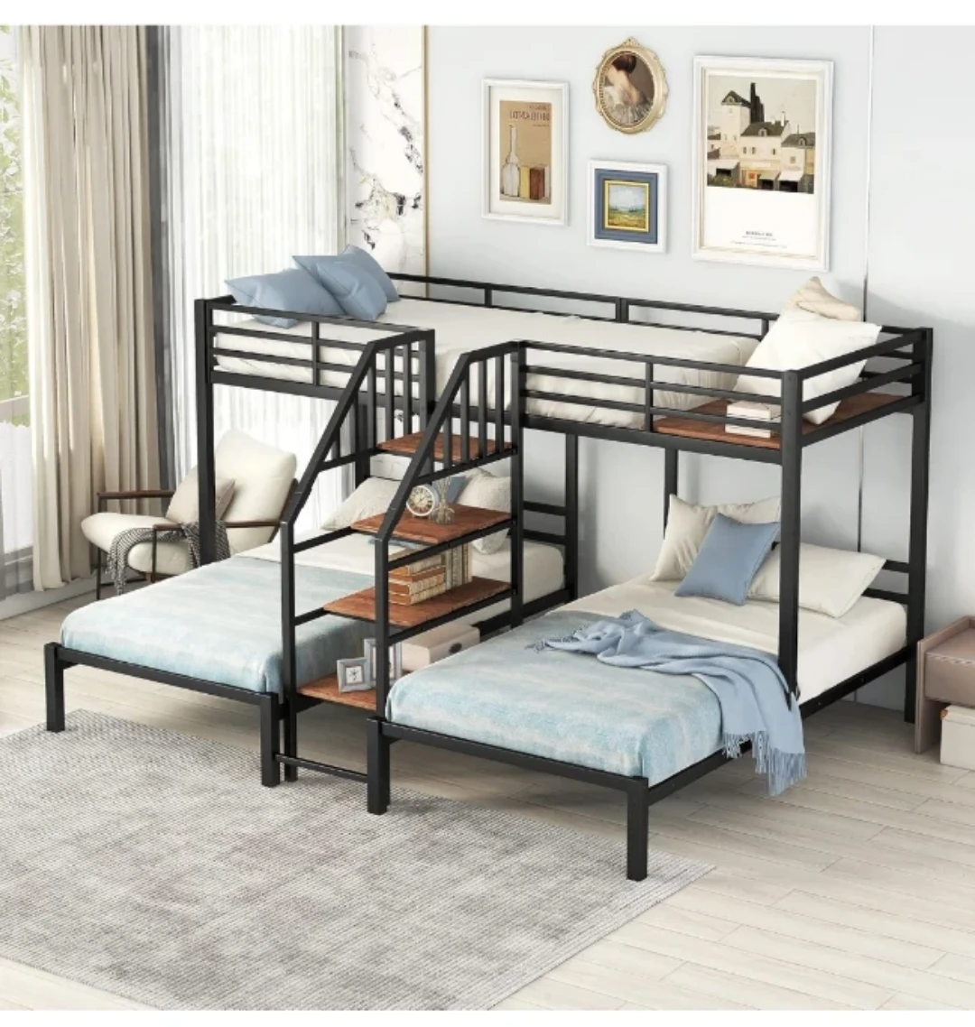 Metal Triple Bunk Bed w/ Stairs & Storage + 3 Twin Mattresses ⚽
