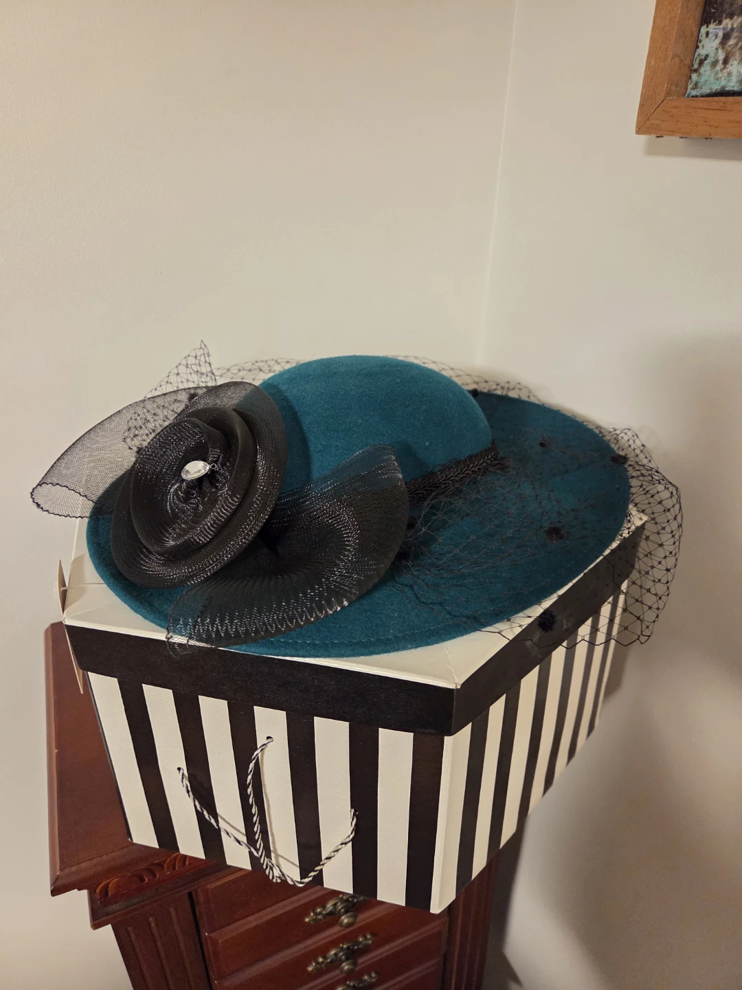 Teal Felt Hat with Black Netting and Flower Accent