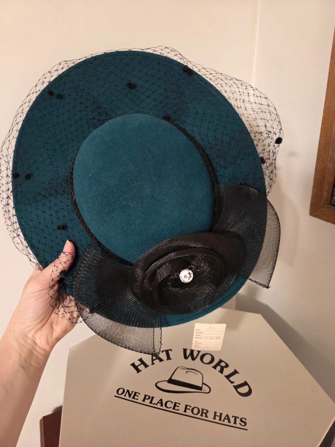Teal Felt Hat with Black Netting and Flower Accent - photo 2