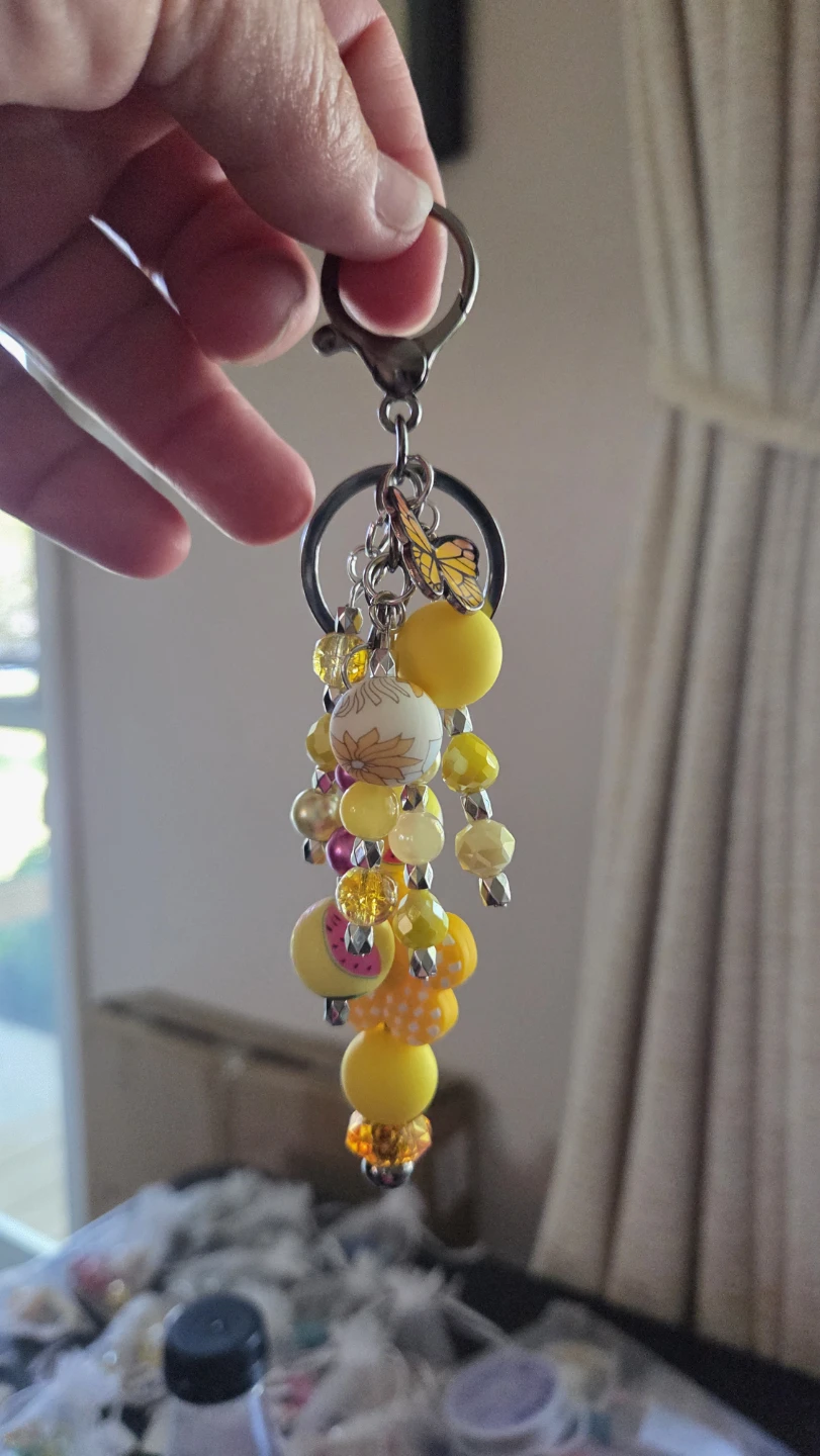Yellow Beaded Charm Keychain with Butterfly