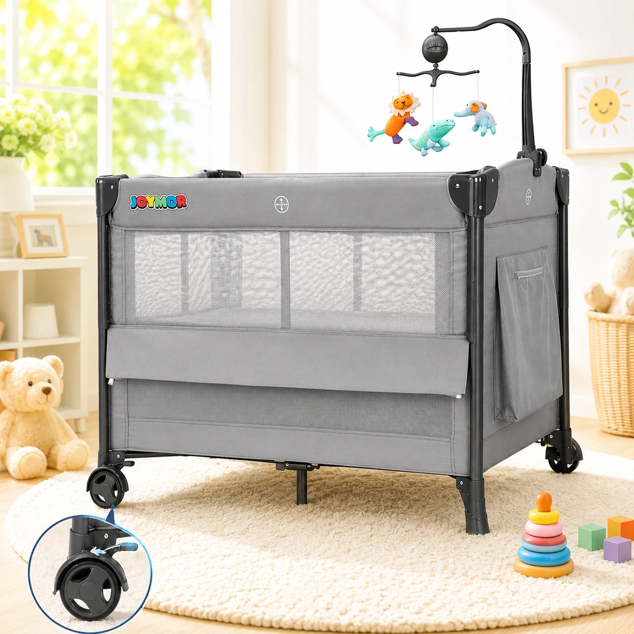BN-->JOYMOR Grey Bassinet Playpen