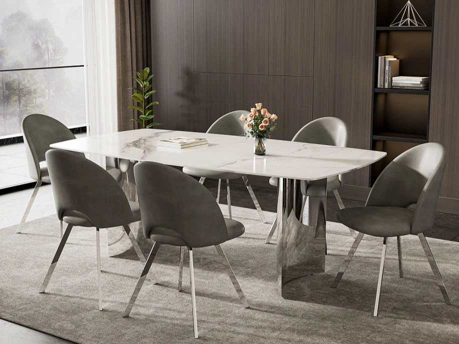 Marble Top Dining Table with 6 Grey Chairs