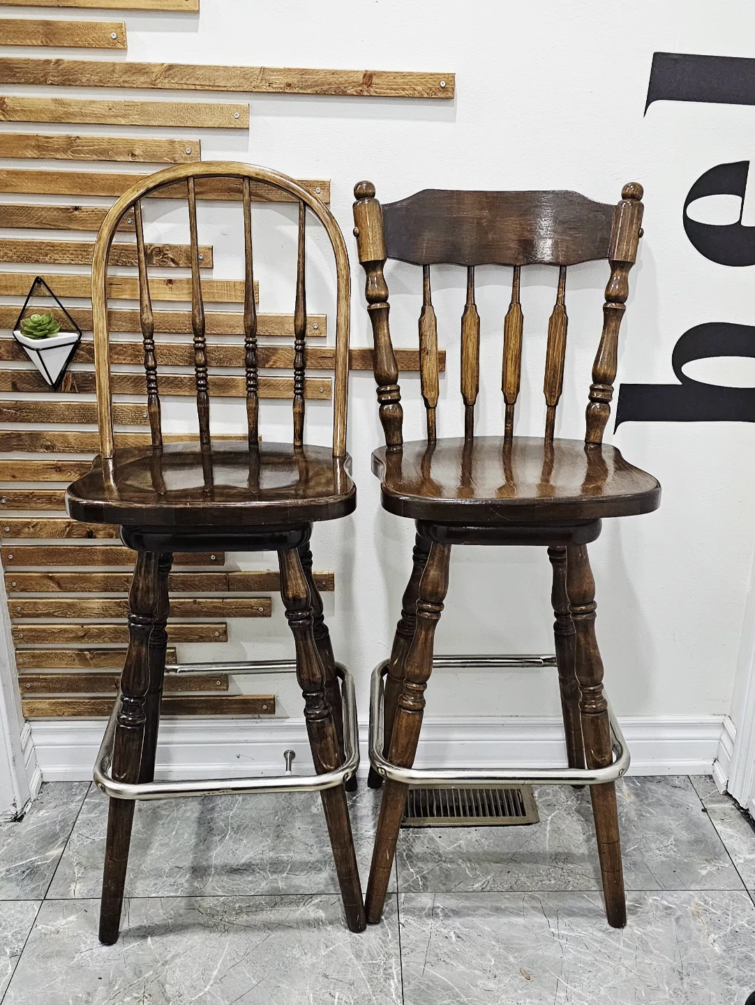 Set of 2 Mismatched Wooden Vintage Swivel Bar Stools