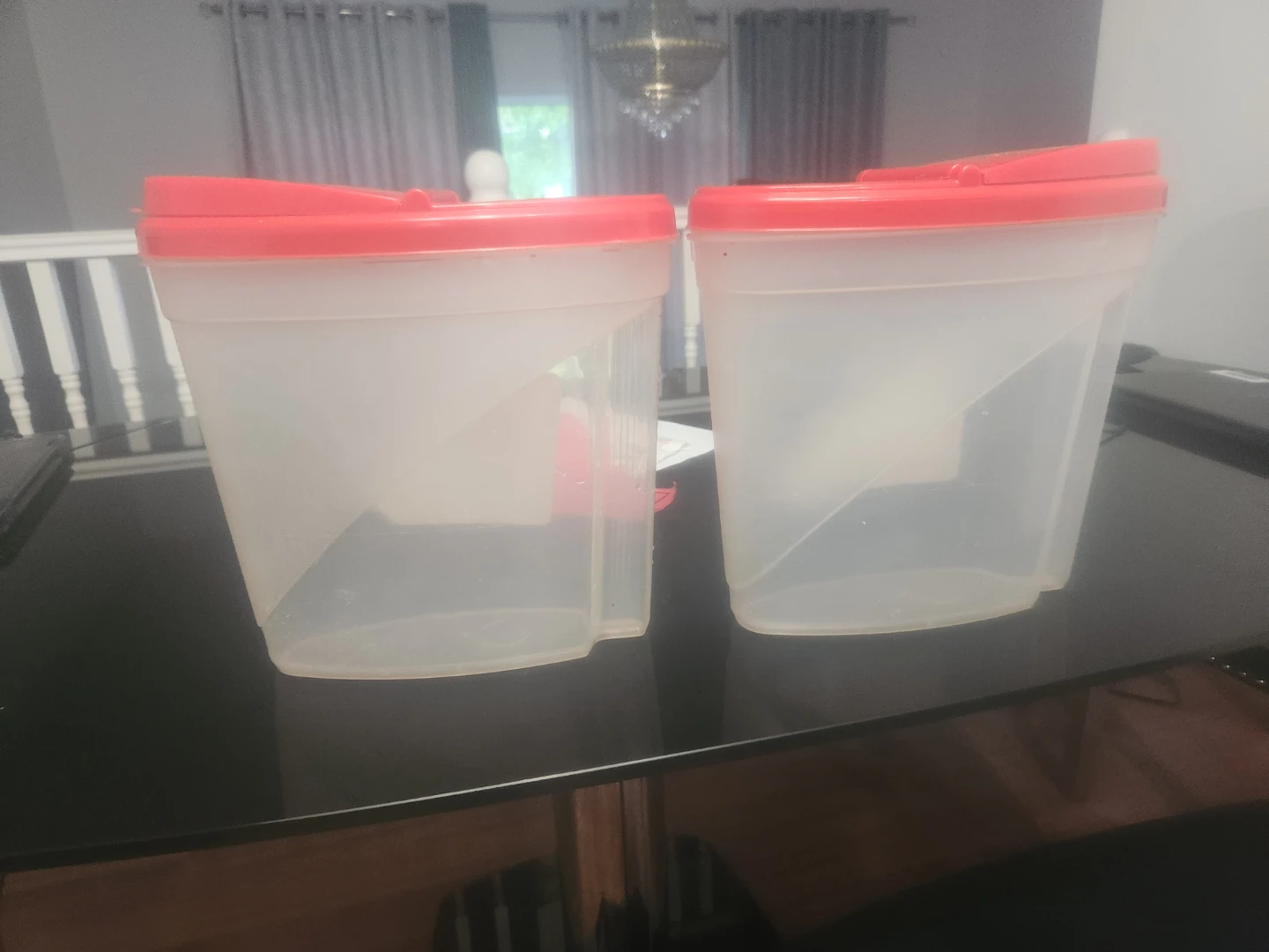 Pair of Clear Plastic Food Storage Containers with Red Lids