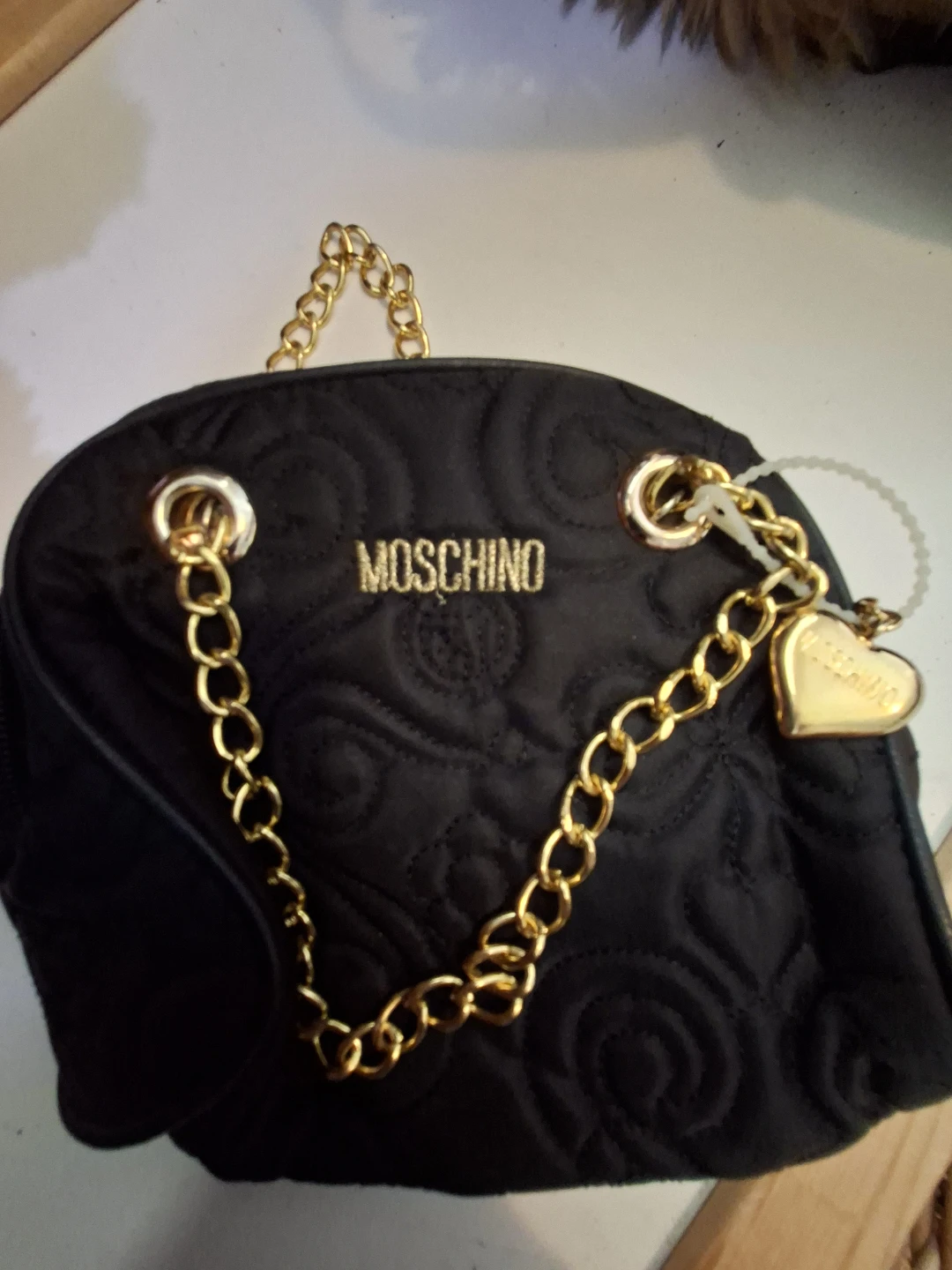 Moschino Black Quilted Heart Charm Chain Bag