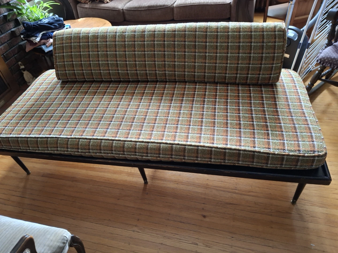 Mid-Century Style Bench with Plaid Upholstery