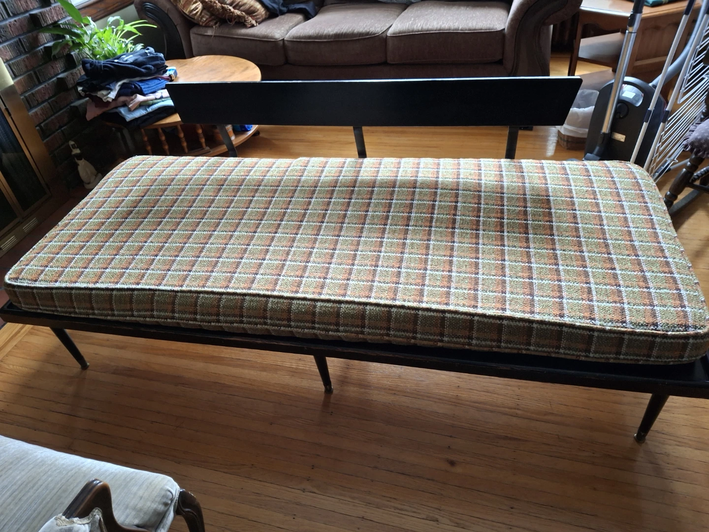 Mid-Century Style Bench with Plaid Upholstery - photo 2