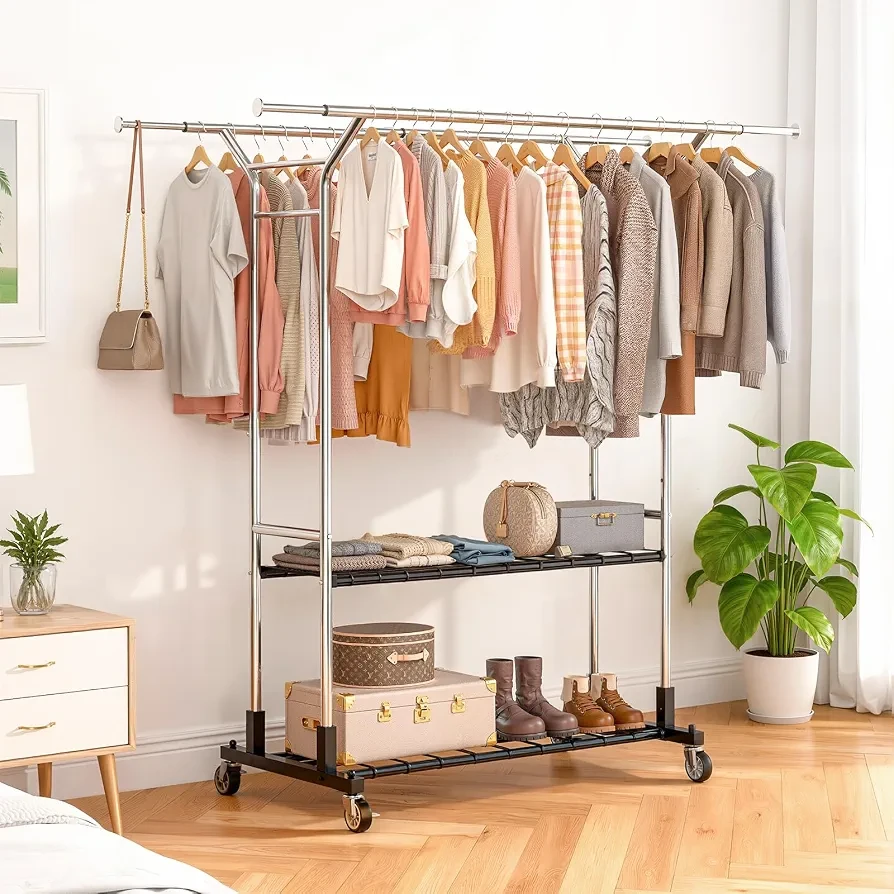 Heavy Duty Rolling Clothes Rack with Shelves - photo 3