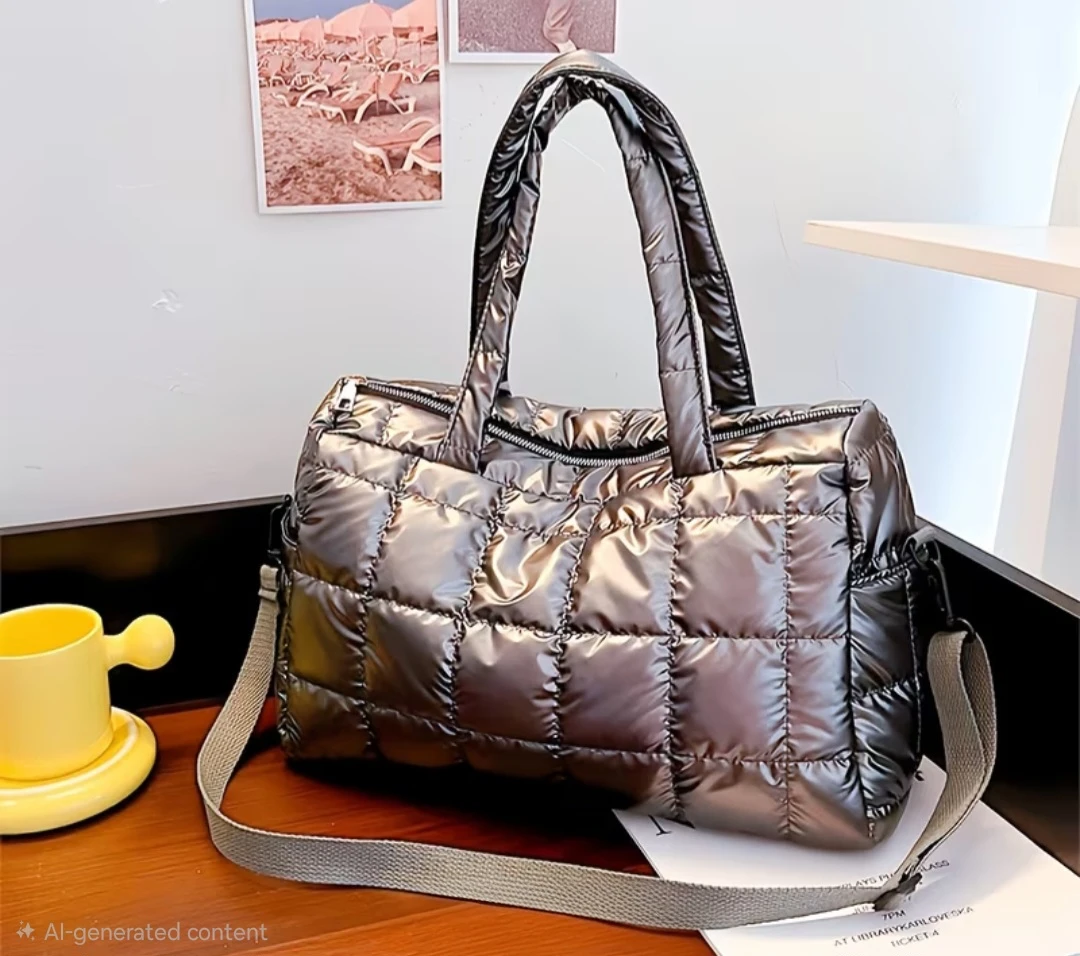 Quilted Puffer Duffel Bag - Silver ⚽️