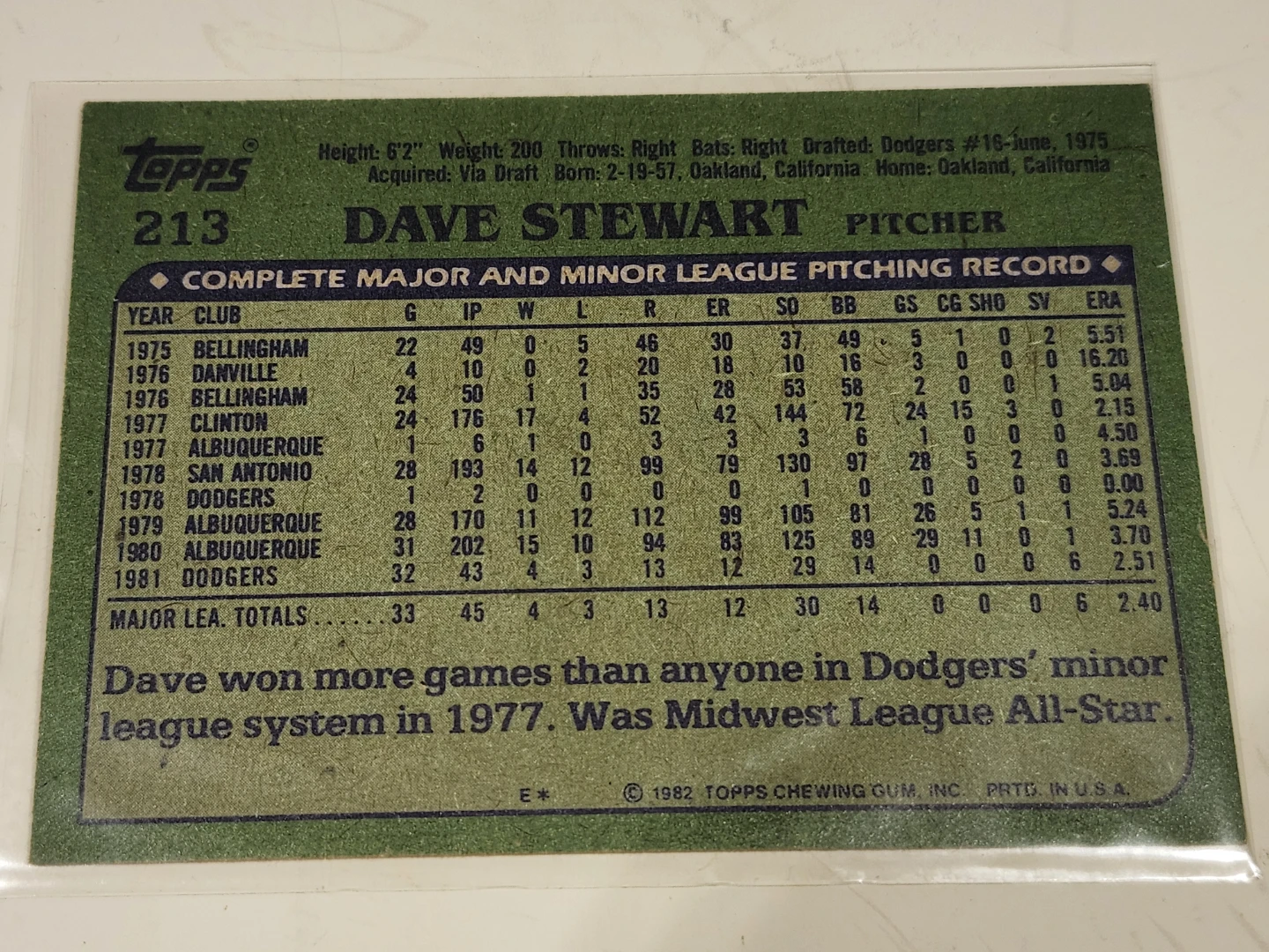 1982 Topps Dave Stewart Dodgers Pitcher Baseball Card - photo 2