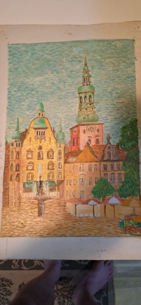 Vintage Painting of European Cityscape
