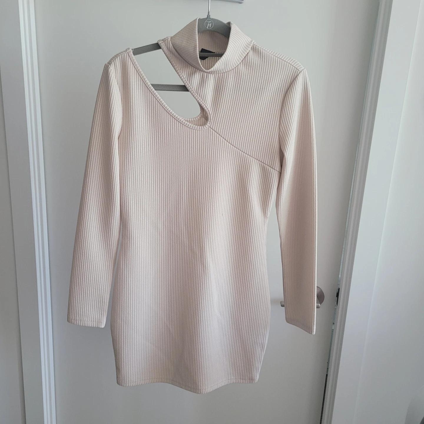 Ribbed Cutout Turtleneck Dress - Beige