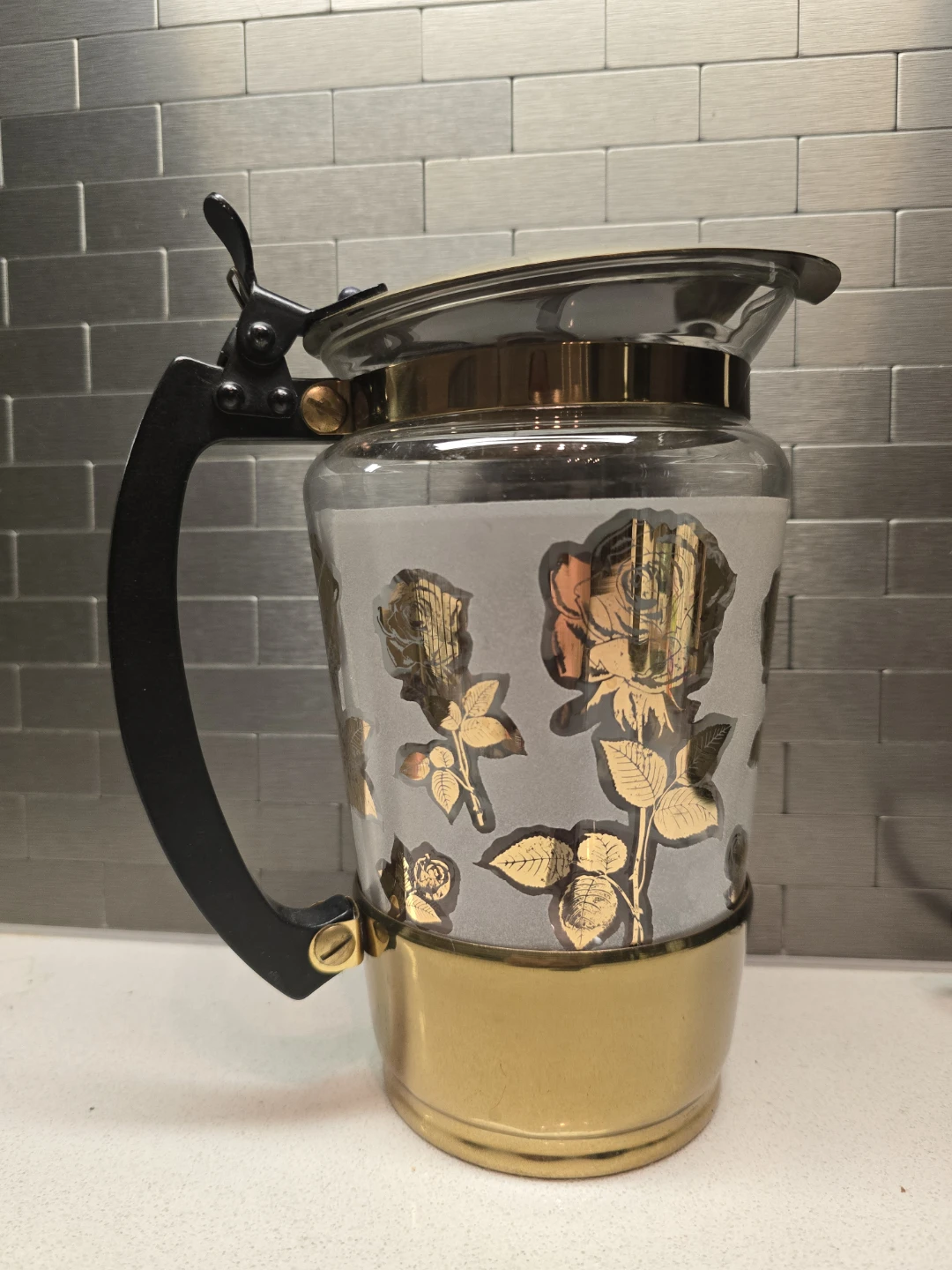 Vintage Glass Pitcher with gold Rose Design - photo 2