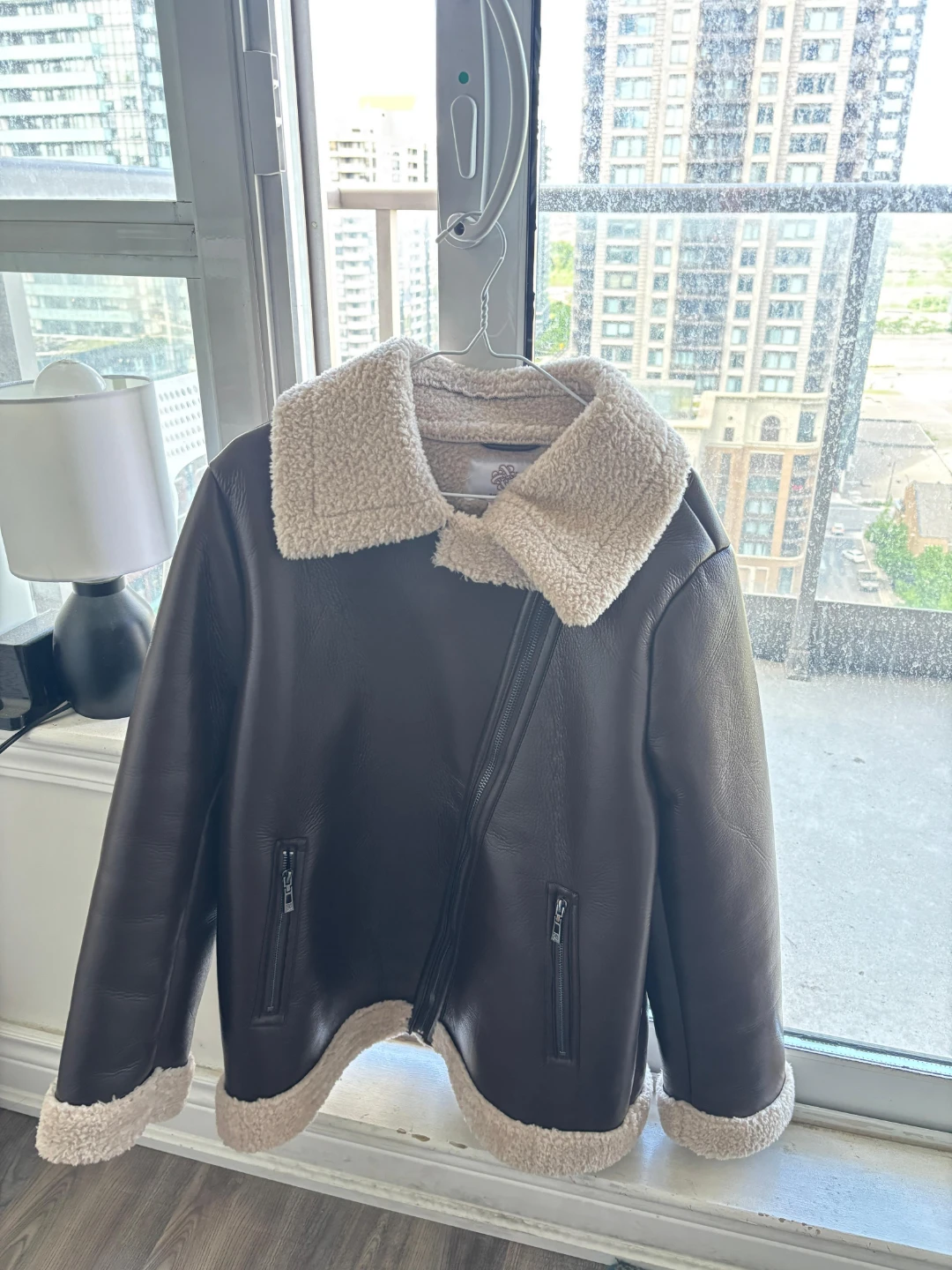 Brown Faux Leather XL Sherpa Lined Aviator Jacket - photo 3