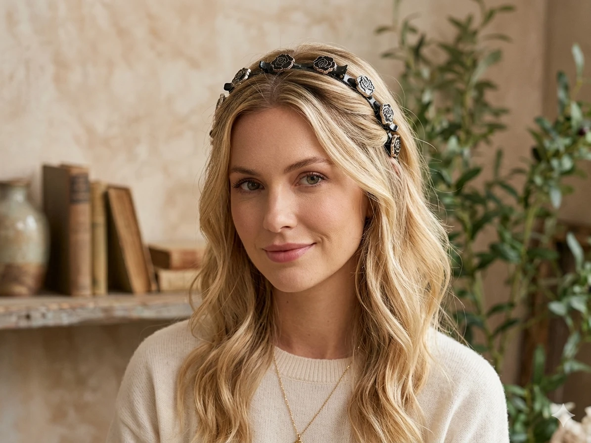 Camellia Headband with Rhinestone and Rose Embellishments
