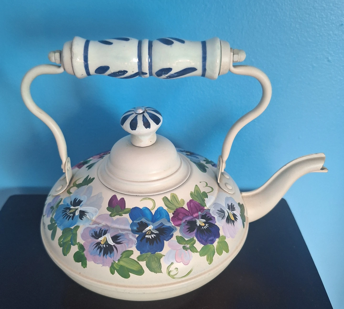 Vintage Hand-painted Metal Floral Kettle Signed