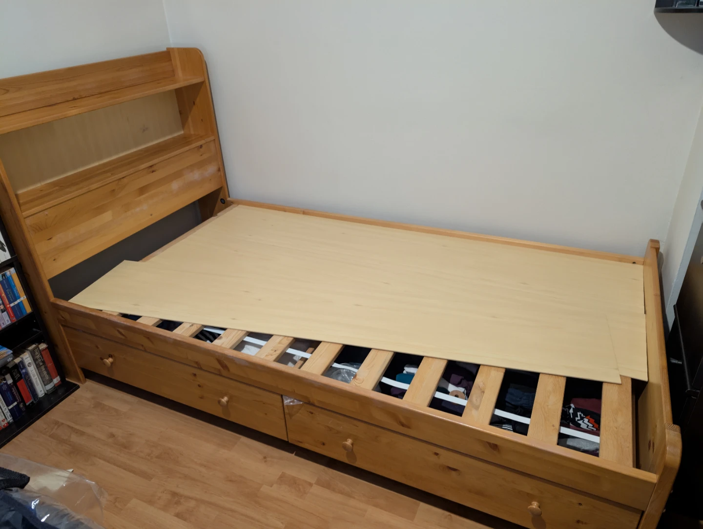Wooden Twin Bed Frame with Headboard Shelves and Drawers