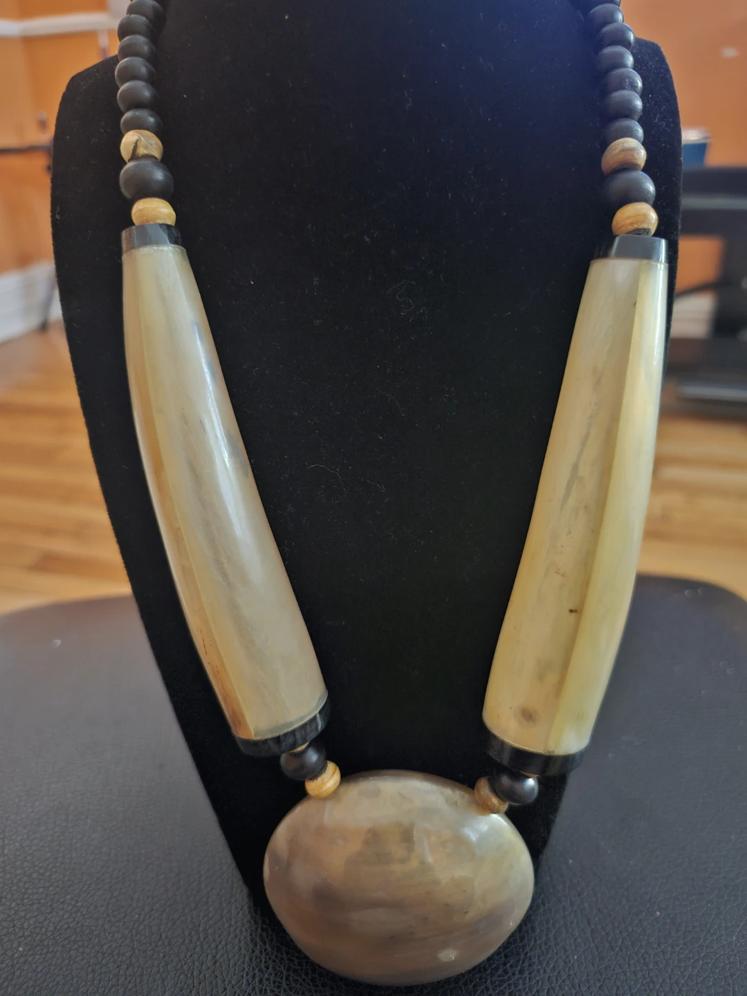 Large Natural Stone Pendant Necklace with Horn Accents