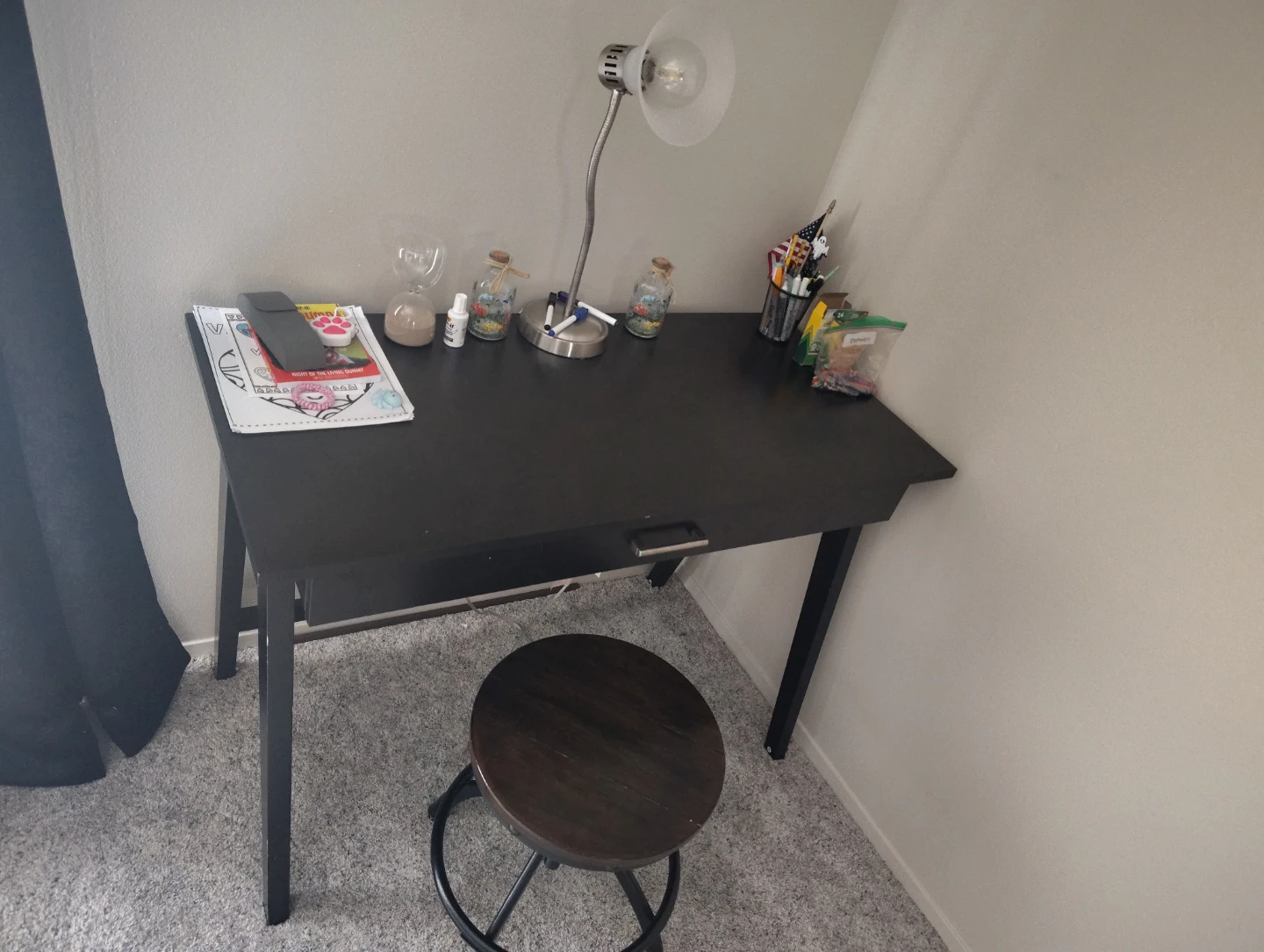 Black Desk with Drawer and Stool