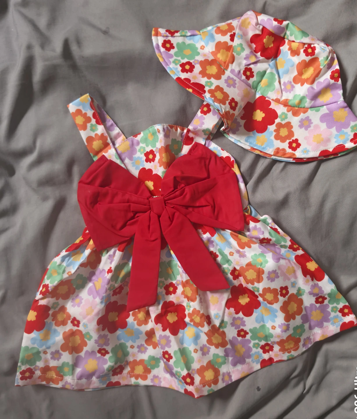 Baby Dress and Hat Set Floral Print with Red Bow