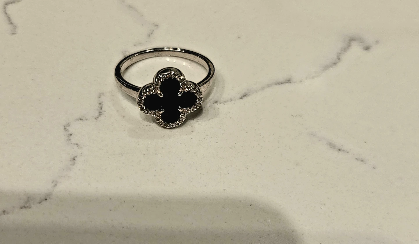 Clover Ring with Black Stone and Clear Accents