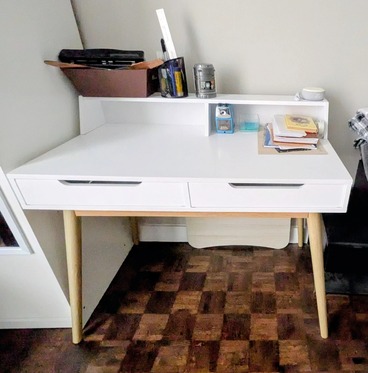 White Two-Drawer Desk with Shelf